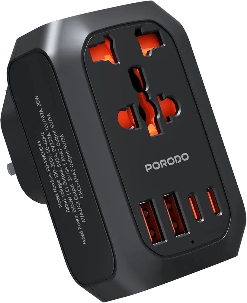 تبدیل برق و شارژر مسافرتی چندکاره (Universal AC Adapter) از برند Porodo مدل FWC044