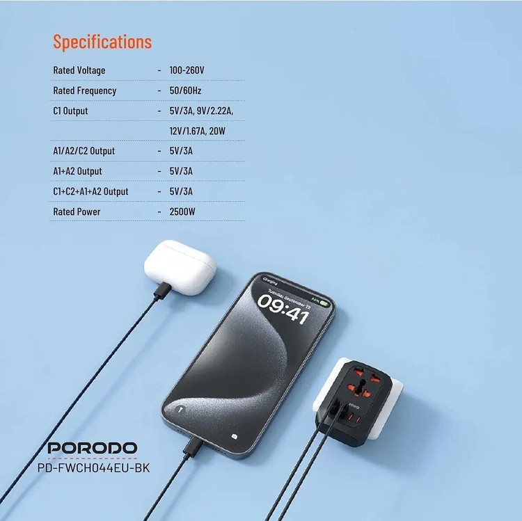تبدیل برق و شارژر مسافرتی چندکاره (Universal AC Adapter) از برند Porodo مدل FWC044